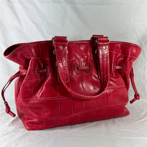 DOONEY AND BOURKE Red Leather Croc Embossed Drawstring Tote Satchel Shoulder Bag - Picture 12 of 15